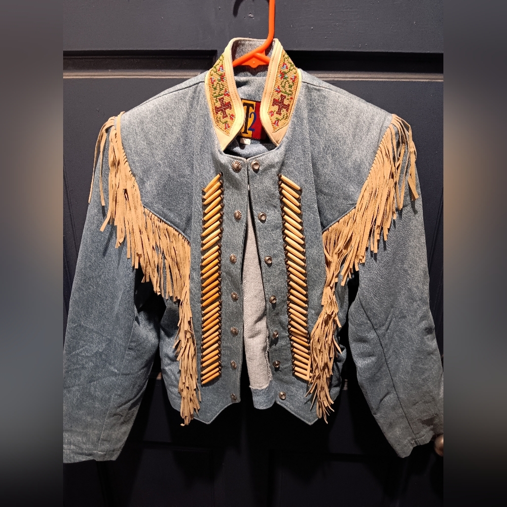 T2 Jean leather fringe beaded collar Western jacket